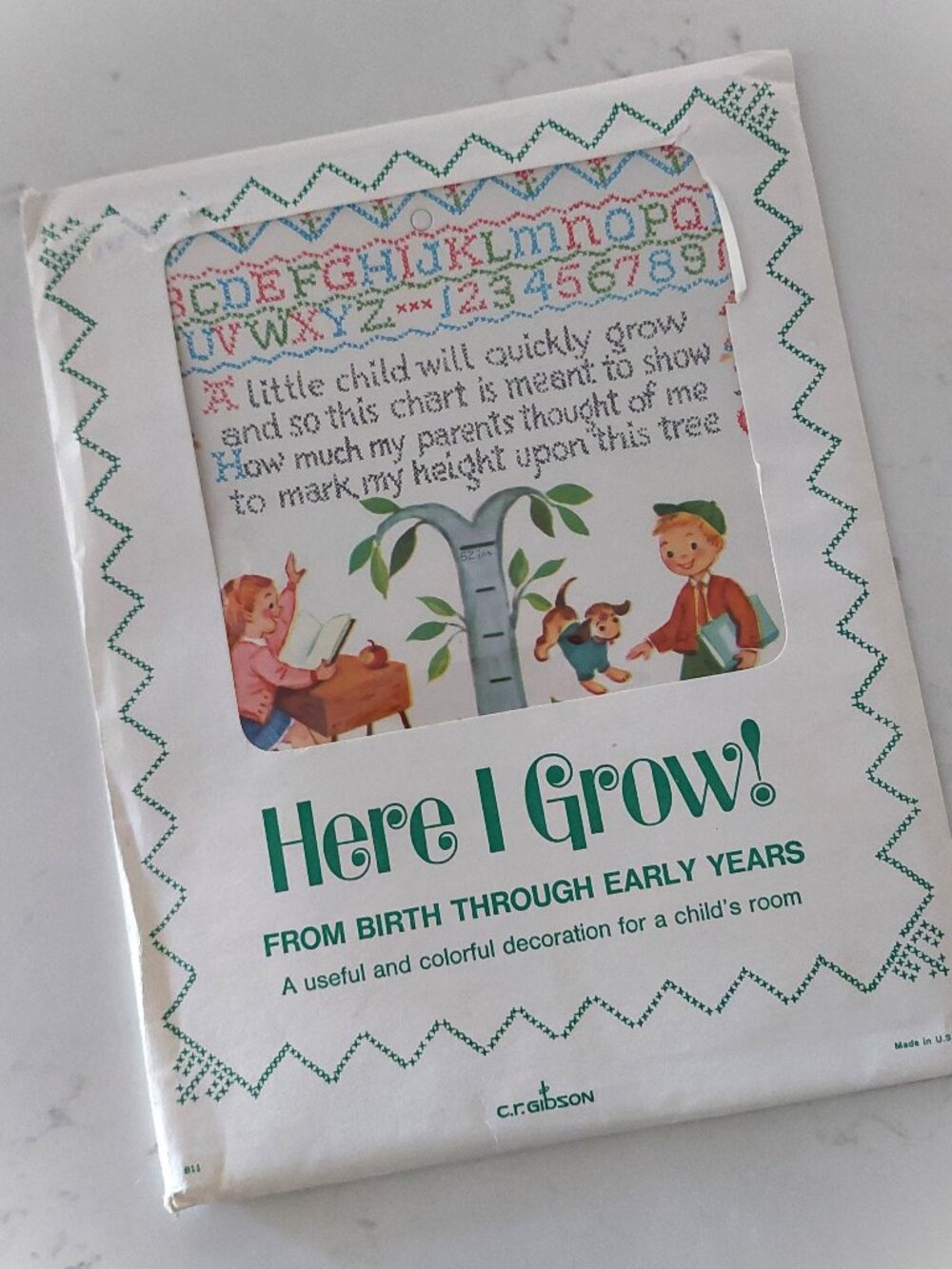 Vintage 1960s NOS C.R. Gibson Here I Grow Child Growth Chart Illustrated Nursery